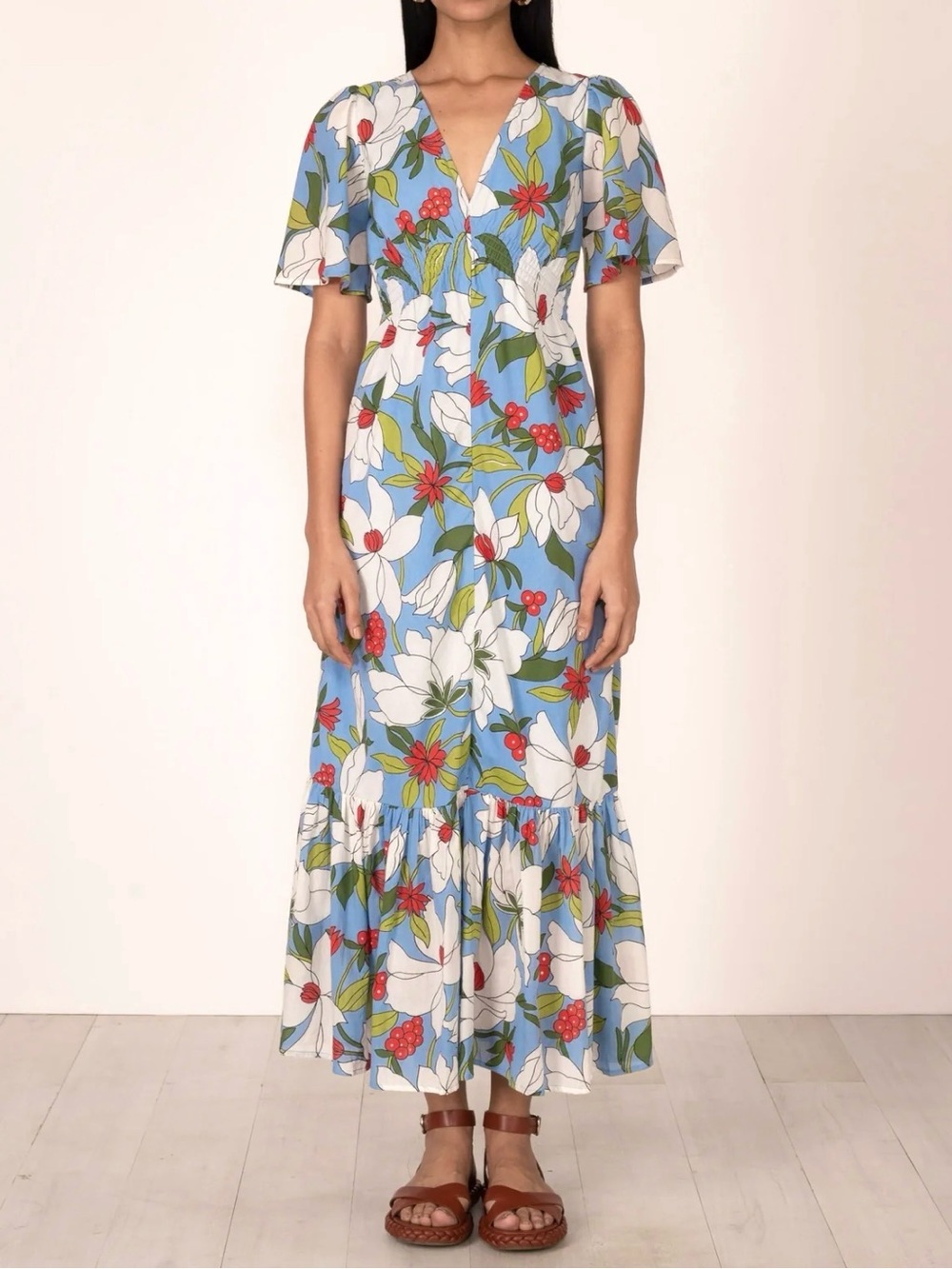 Banjanan Cotton Olena Dress Canal Blue Floral V-Neck Flutter Sleeve Midi Sz XS